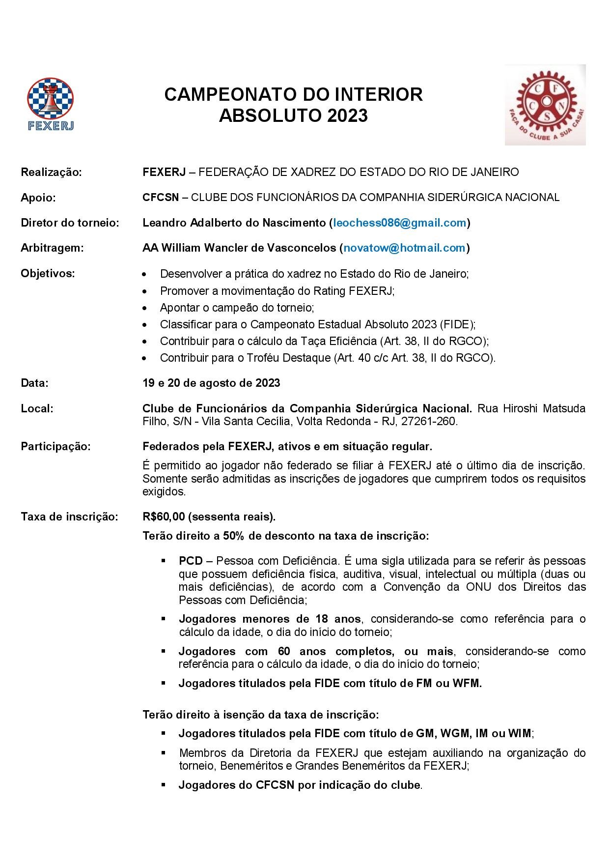 Campeonato Estadual Absoluto de Xadrez RJ - 2023 (FIDE) em Rio de