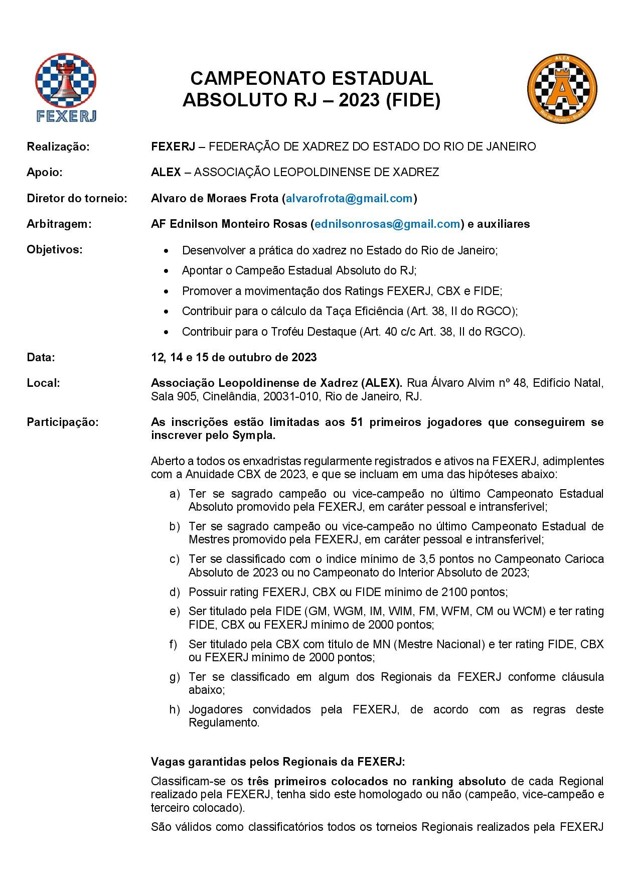 Campeonato Estadual Absoluto de Xadrez RJ - 2023 (FIDE) em Rio de